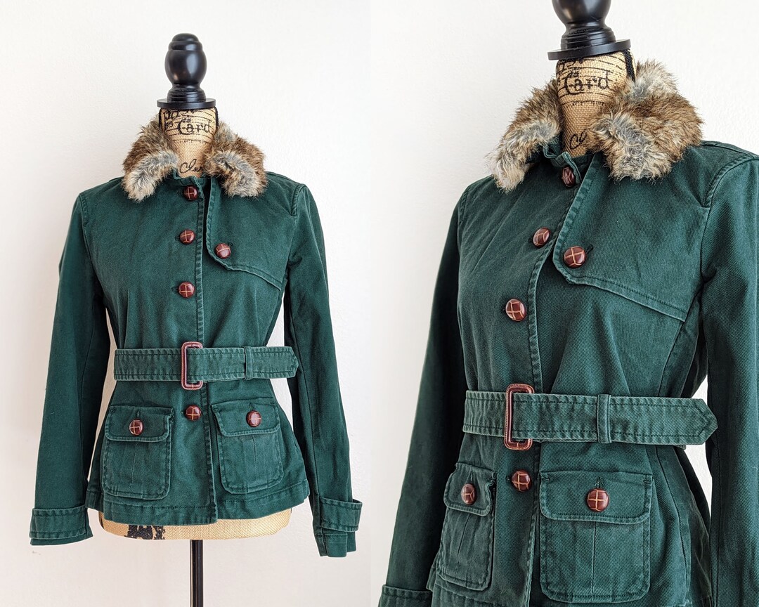 Vintage Dark Green Gap Jacket, Belted Jacket, Faux Fur Collar Jacket