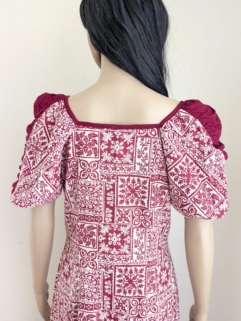 Vintage 60s Hawaiian Maxi Dress, Red Mosaic Floral Print, Puff Sleeve ...