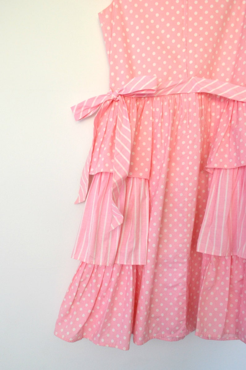 size large L 80s girls pink dress vintage polka dot ruffled tiered dress with cap sleeves