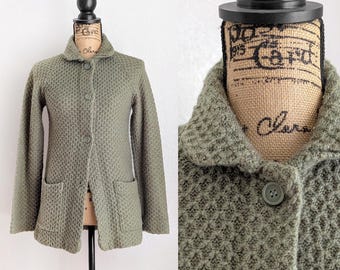 Cárdigan de punto vintage de los años 70: suéter de nido de abeja verde oliva para niña
