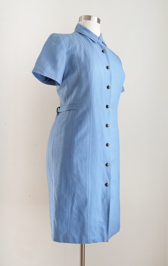 Vintage 90s blue linen button down dress, chambra… - image 4