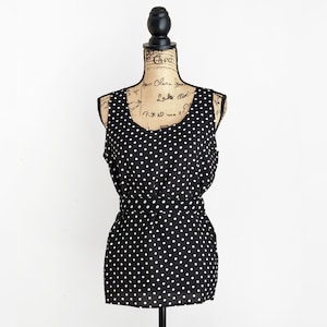 débardeur vintage des années 80 à pois noirs avec ceinture, chemisier sans manches ceinturé, Clio, taille M moyen