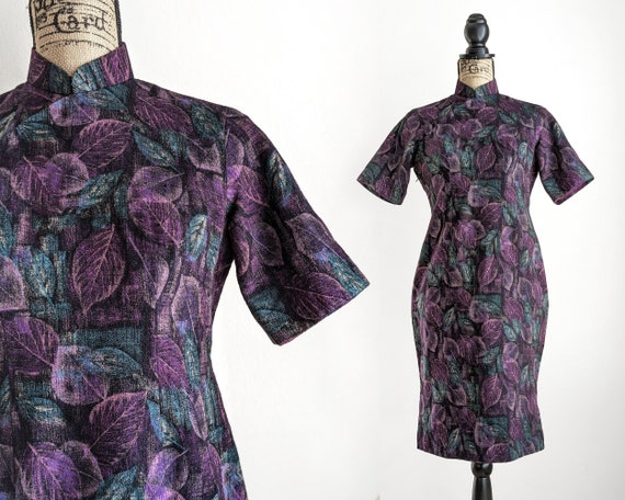 Vintage purple qipao dress, leaf print wool cheong