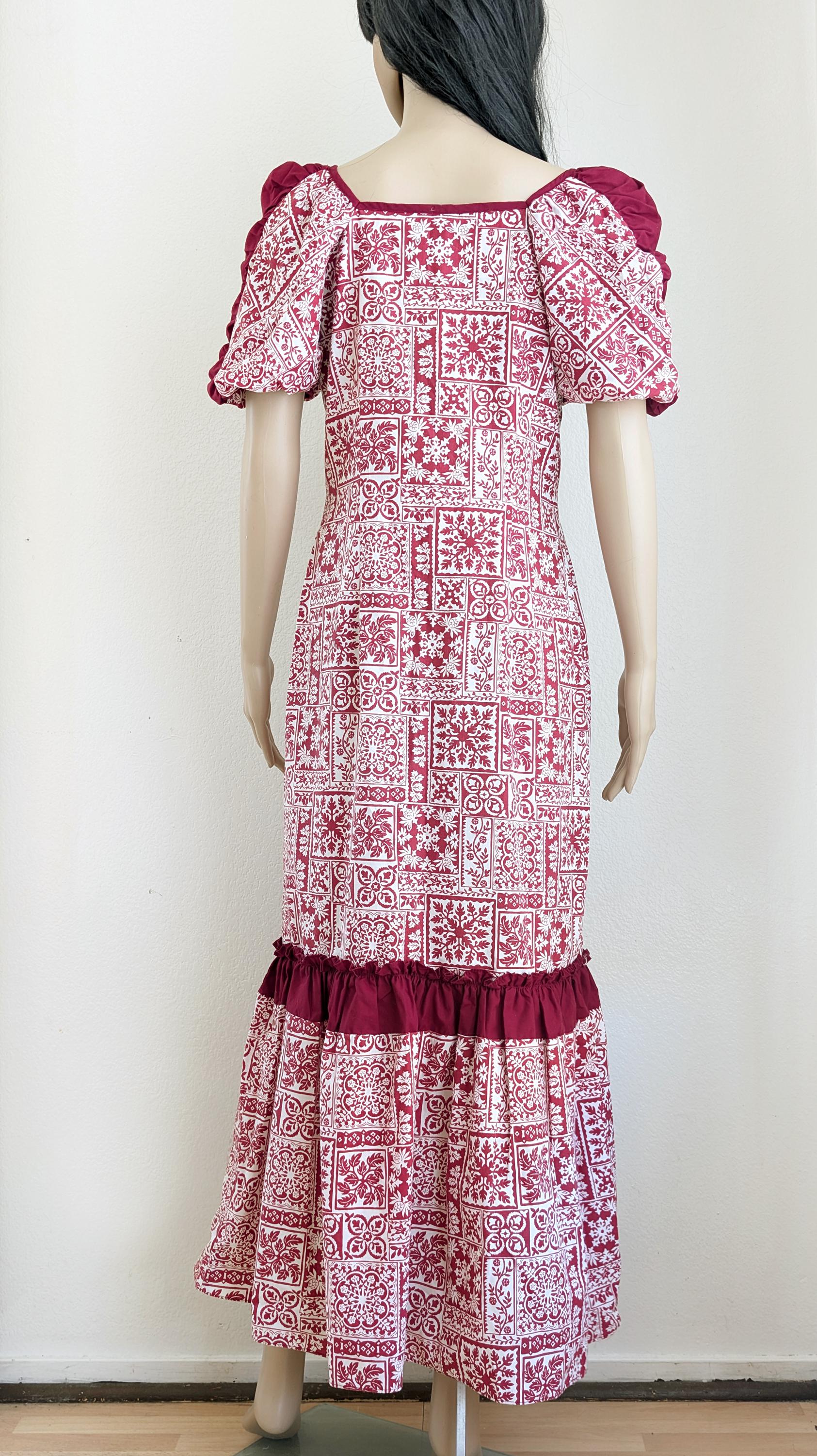 Vintage 60s Hawaiian Maxi Dress, Red Mosaic Floral Print, Puff Sleeve ...