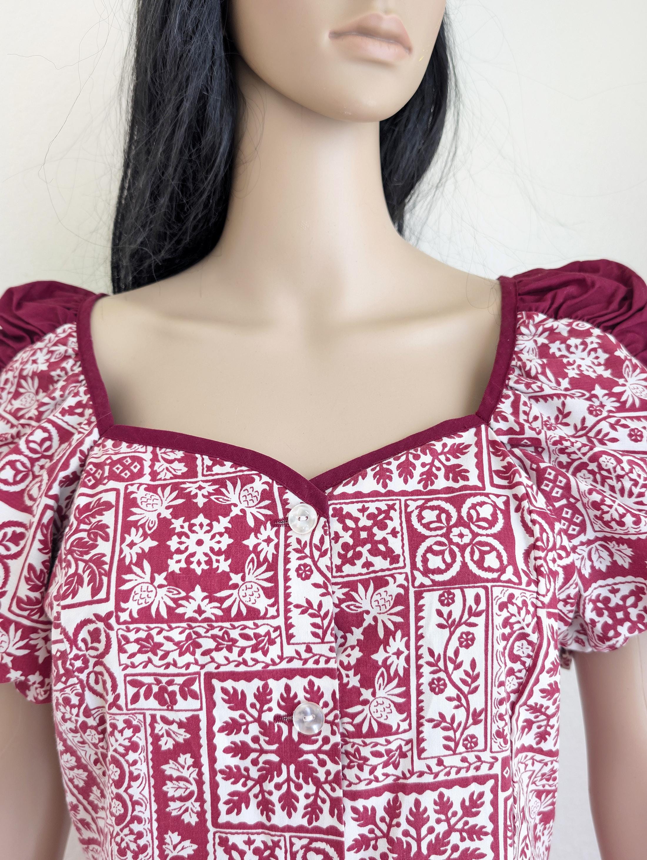 Vintage 60s Hawaiian Maxi Dress, Red Mosaic Floral Print, Puff Sleeve ...