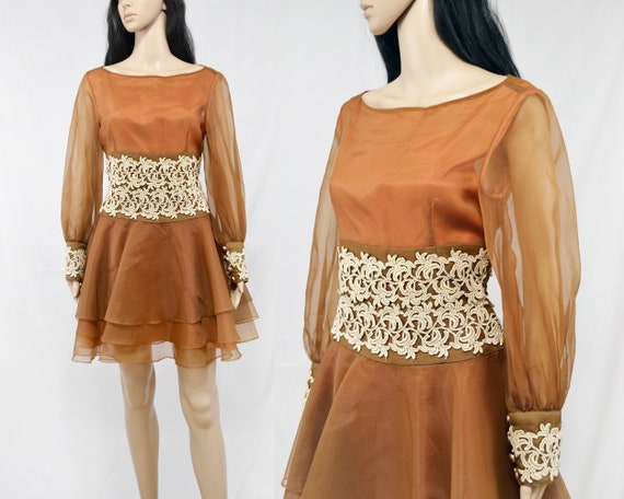 Vintage 80s copper party dress, tiered skirt, flor