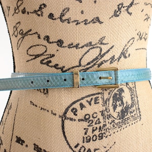 Vintage blue snakeskin belt, skinny reptile skin leather belt, genuine snakeskin belt, size M
