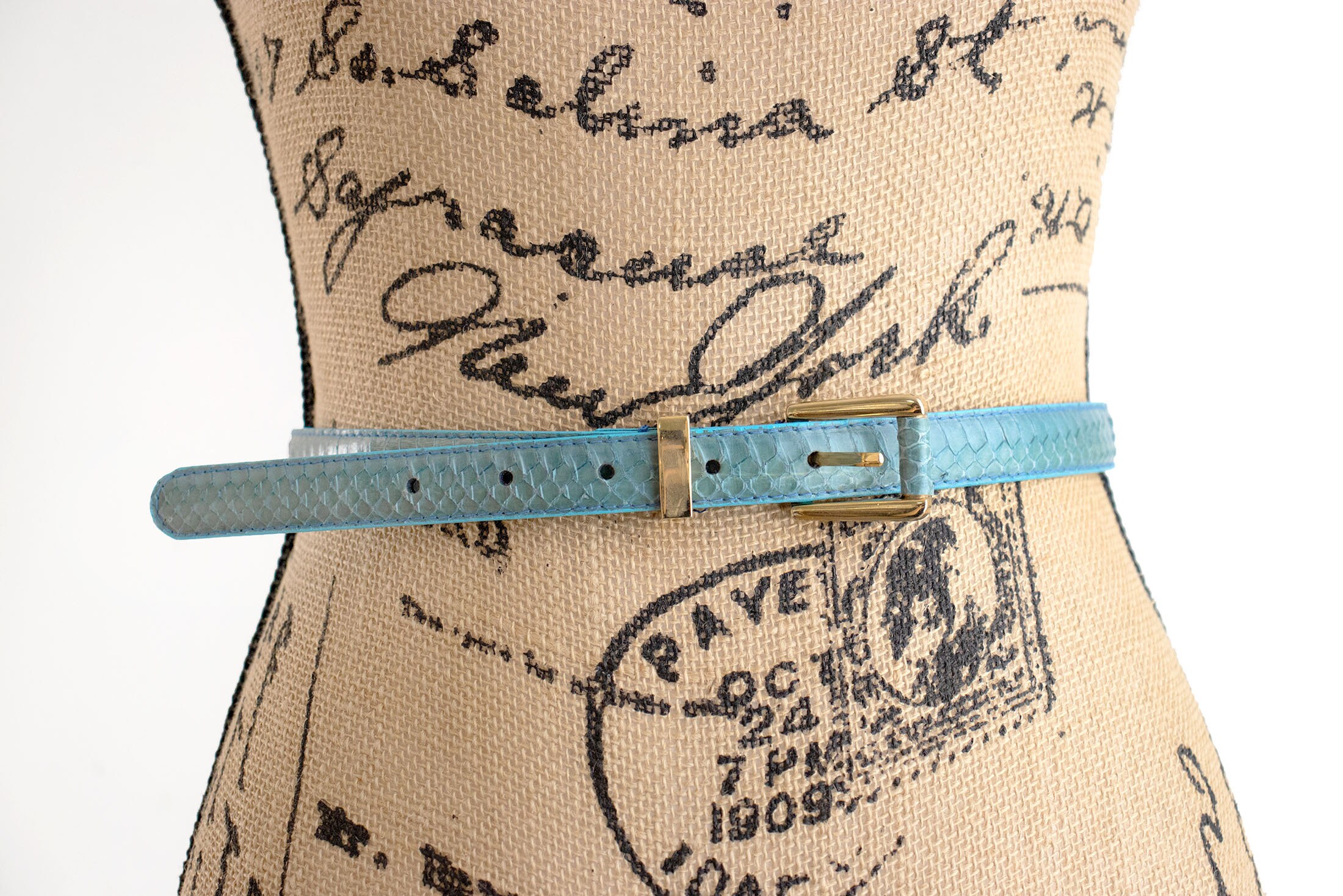 VTG Baby Blue Snakeskin Leather Belt VINTAGE 80s 90s NAVY Genuine Snakeskin Leather Skinny Chic  main image 2