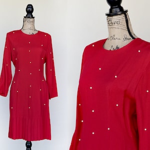 Vintage red dress, red drop waist dress, 80s red midi dress with pearls, red sheath dress, red pleated dress, size medium M