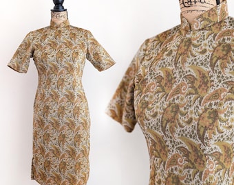 Vintage 60s abstract floral qipao dress, retro brown and orange floral cheongsam, double knit polyester qipao dress, size S small