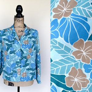 70s blau geblümtes Hawaiihemd, Vintage Muschelbluse, tropisches Print Shirt, Größe M bis L