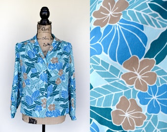 70s blue floral Hawaiian shirt, vintage scalloped blouse, tropical print shirt, size medium to large