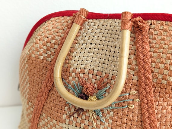 Vintage woven wood handle purse, gingham plaid to… - image 4