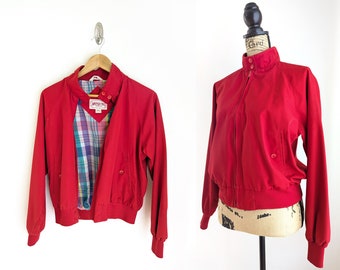 veste rouge pour femme vintage des années 80, veste rouge zippée, veste utilitaire rouge doublée à carreaux, American Eagle Outfitters, taille L large