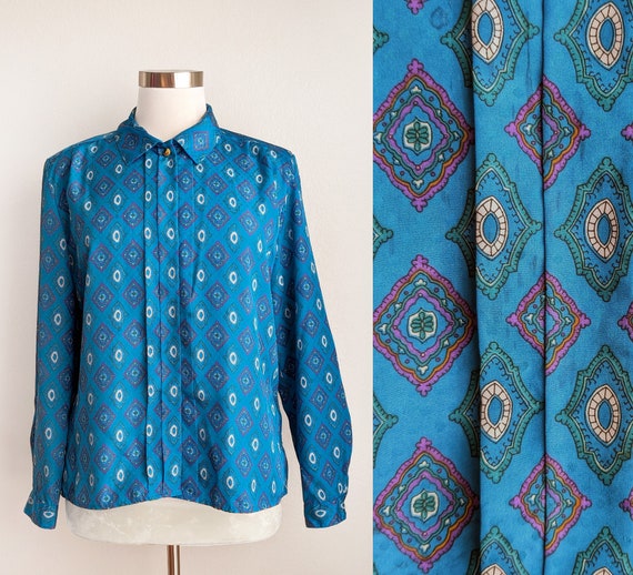 Turquoise geometric blouse, plus size vintage 80s… - image 1