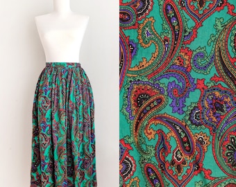 Vintage 80s paisley skirt, psychedelic green purple red paisley midi A line skirt, Other Ways, size 5 small