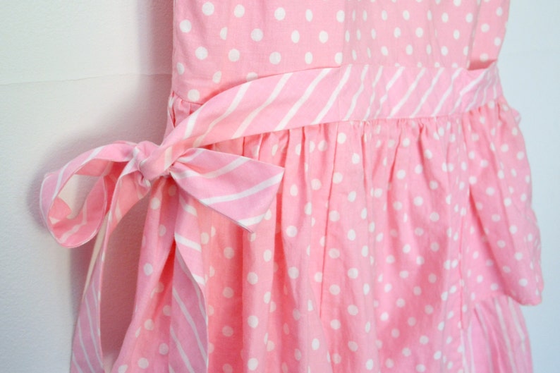 size large L 80s girls pink dress vintage polka dot ruffled tiered dress with cap sleeves