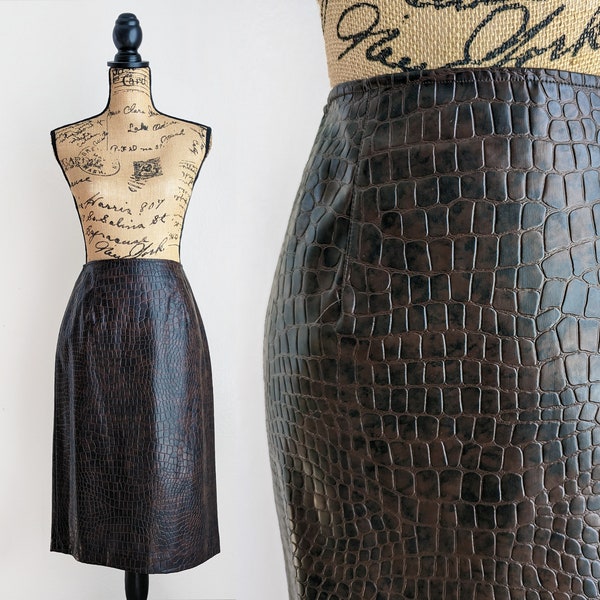 80s faux crocodile leather skirt, vintage brown leather midi skirt, Neiman Marcus reptile leather skirt, size 6 small