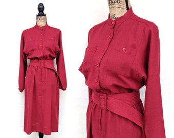60s Vintage Berry Red Shirt Dress: Mandarin Collar, Size L