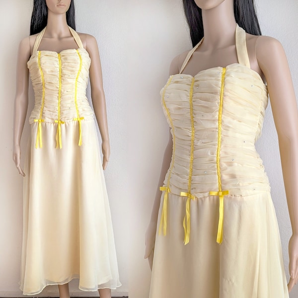 Vintage 70s yellow halter prom dress, studded prom dress with bows, ruched chiffon maxi dress, size S small