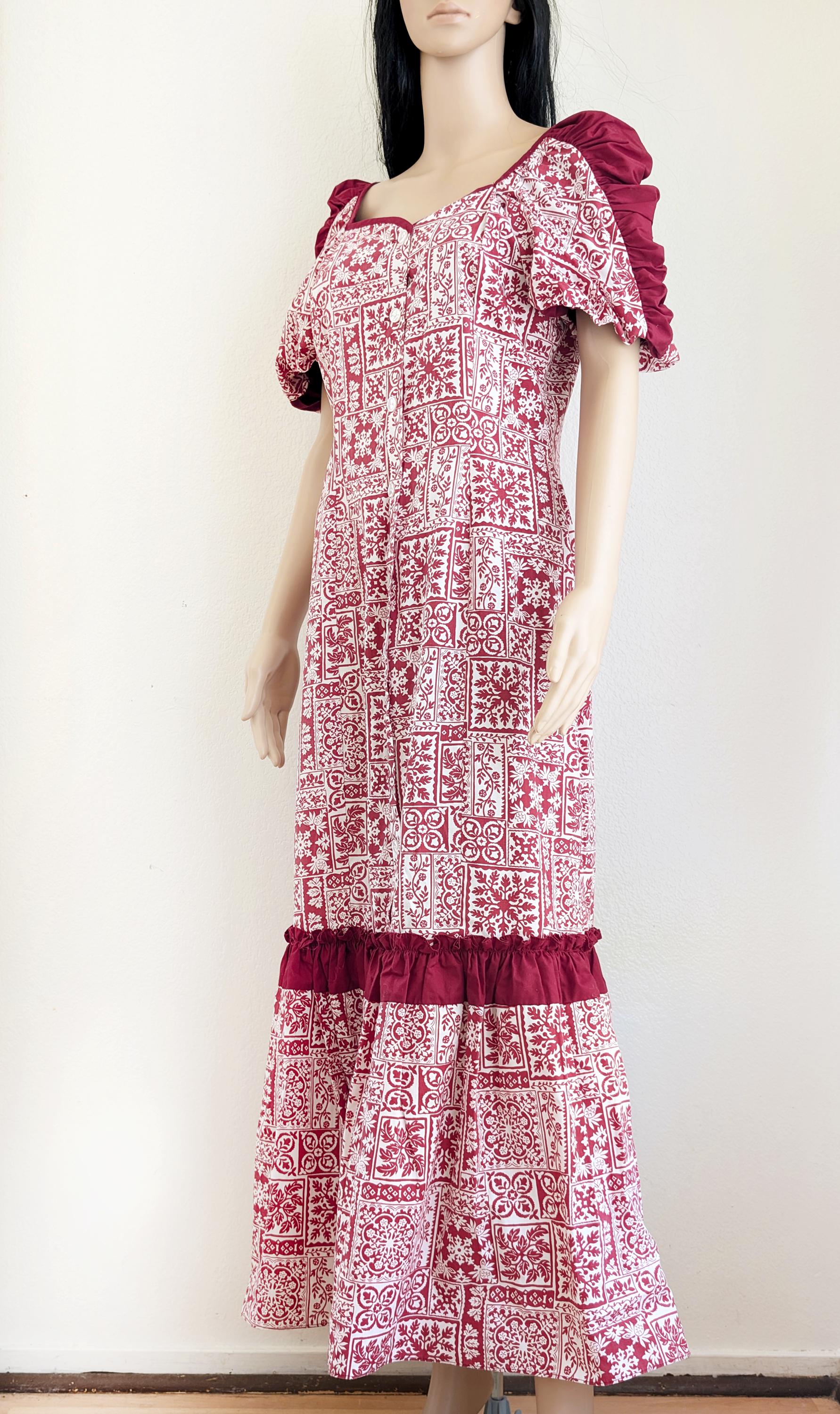 Vintage 60s Hawaiian Maxi Dress, Red Mosaic Floral Print, Puff Sleeve ...