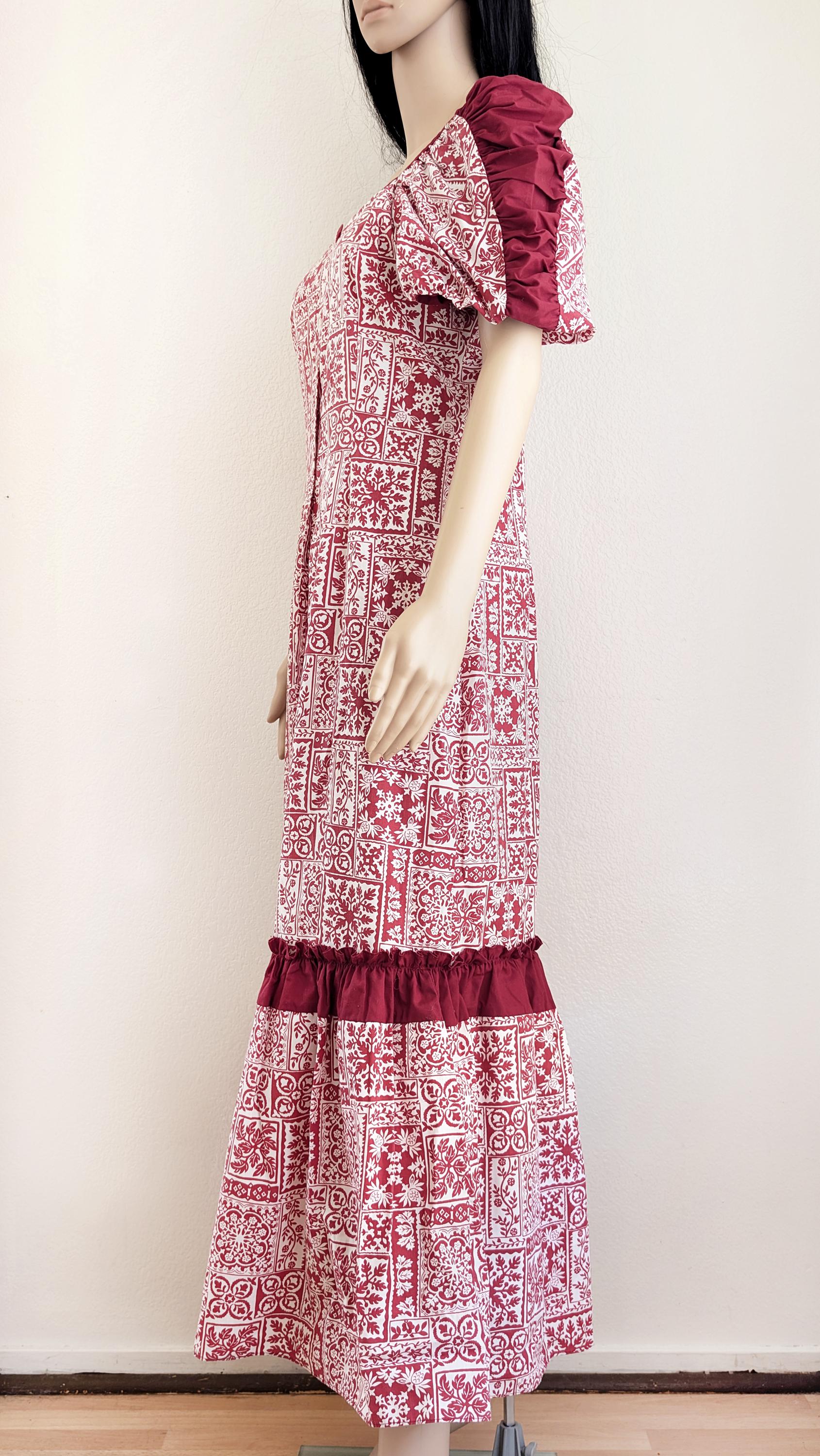 Vintage 60s Hawaiian Maxi Dress, Red Mosaic Floral Print, Puff Sleeve ...
