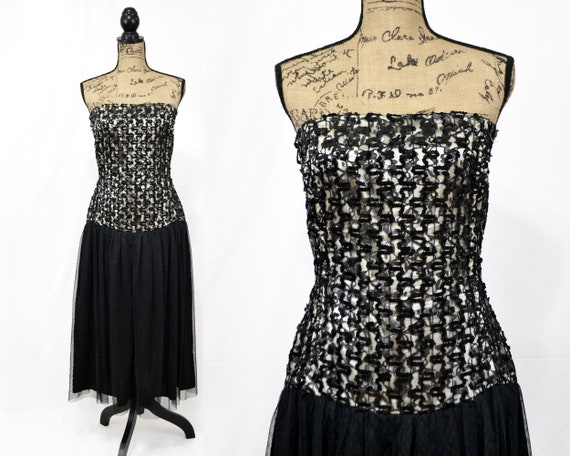 Vintage 80s black strapless party dress with sequ… - image 1