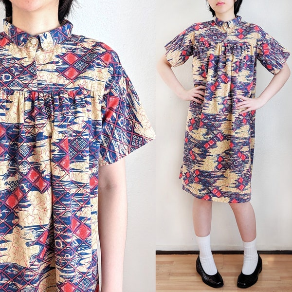 Vintage 60s boho hippie tent dress, abstract geometric print swing dress, short sleeve collared shirtdress, size S small