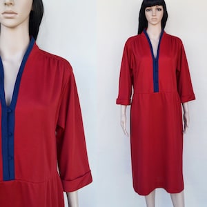 80s red knit dress, vintage plus size Willi of California dress, V-neck 3/4 length sleeves, size XL