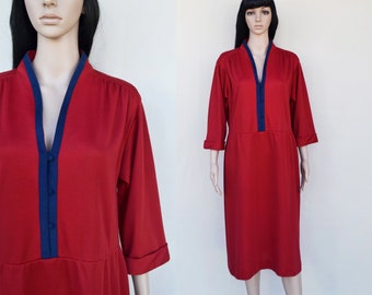 80s red knit dress, vintage plus size Willi of California dress, V-neck 3/4 length sleeves, size XL
