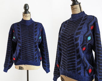 Vintage blauer abstrakter Mockneck-Pullover, Größe S / M