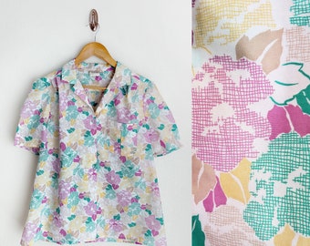 Pastel floral blouse, vintage 80s graphic floral button up blouse, short sleeve Pykettes blouse, size L large