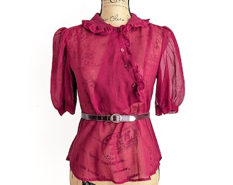 Vintage 70s Red Sheer Ruffled Collar Blouse with Puff Sleeves Size Medium