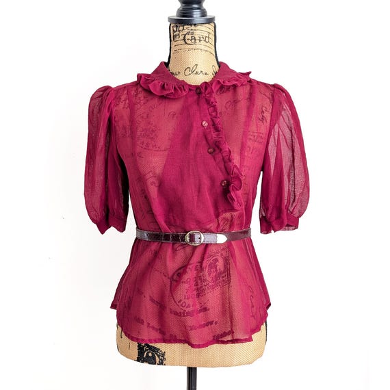 Vintage 70s Red Sheer Ruffled Collar Blouse with Puff Sleeves Size Medium