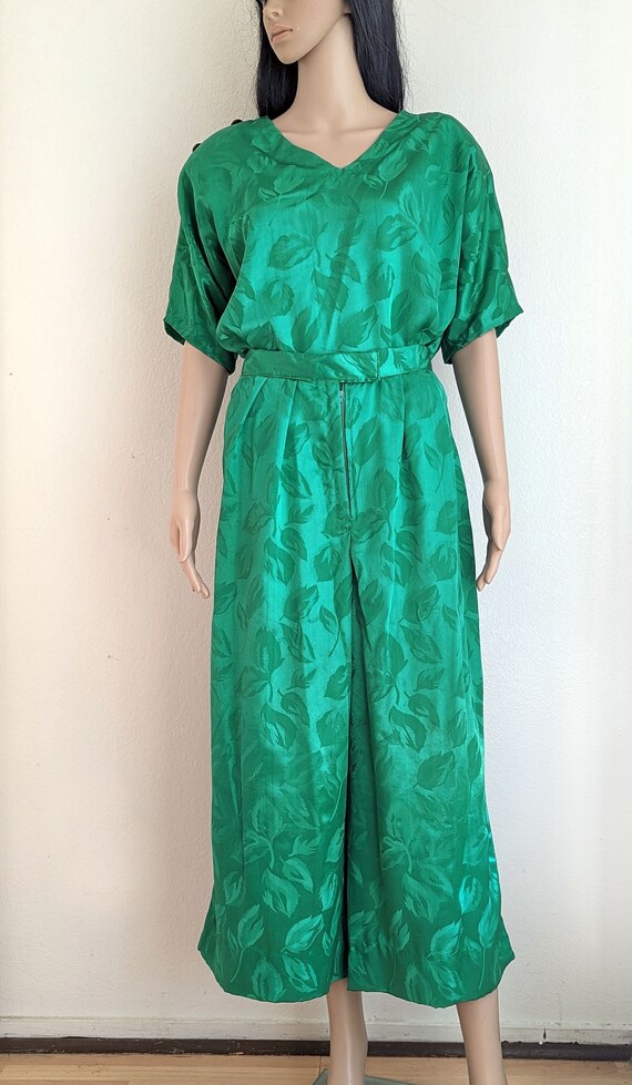 Vintage 80s green jacquard pant set, three piece … - image 3