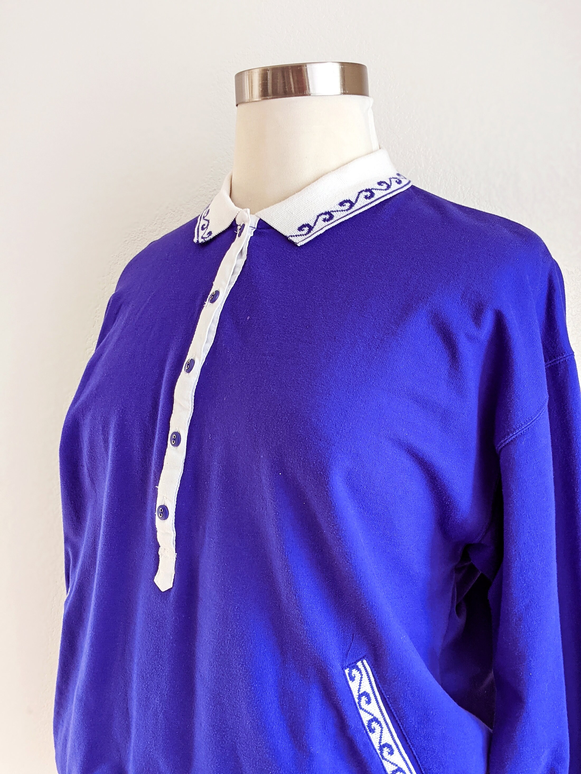 Vintage Indigo Pullover Sweater: 80s Collared Sweatshirt, Plus