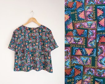 Vintage 80s geometric print crop top, art deco blouse, size L large