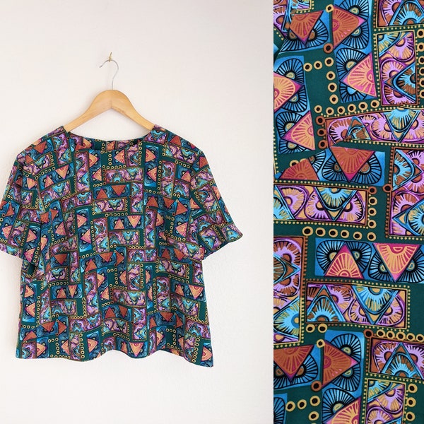 Vintage 80s geometric print crop top, art deco blouse, size L large