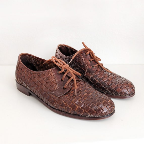 Vintage Men's Woven Derby Shoes, Italian Brown Leather Vintage Men's Woven Derby Shoes, Italian Brown Leather