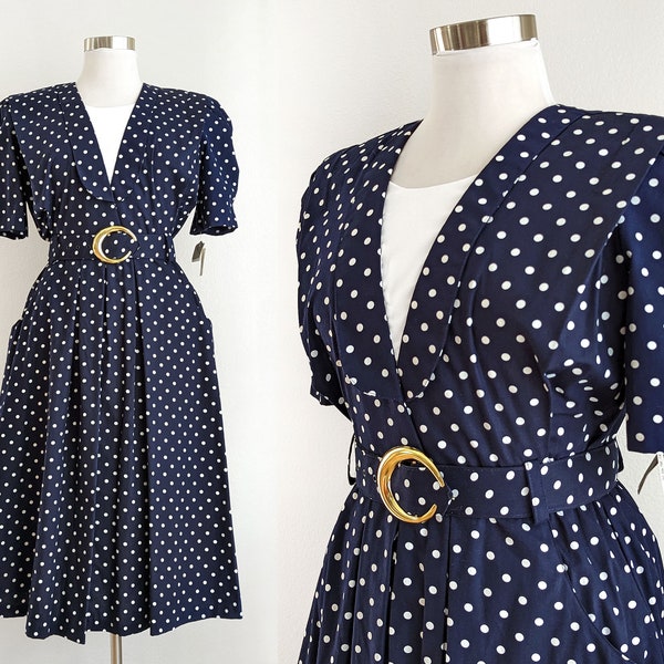 80s Vintage Navy Polka Dot Dress 18