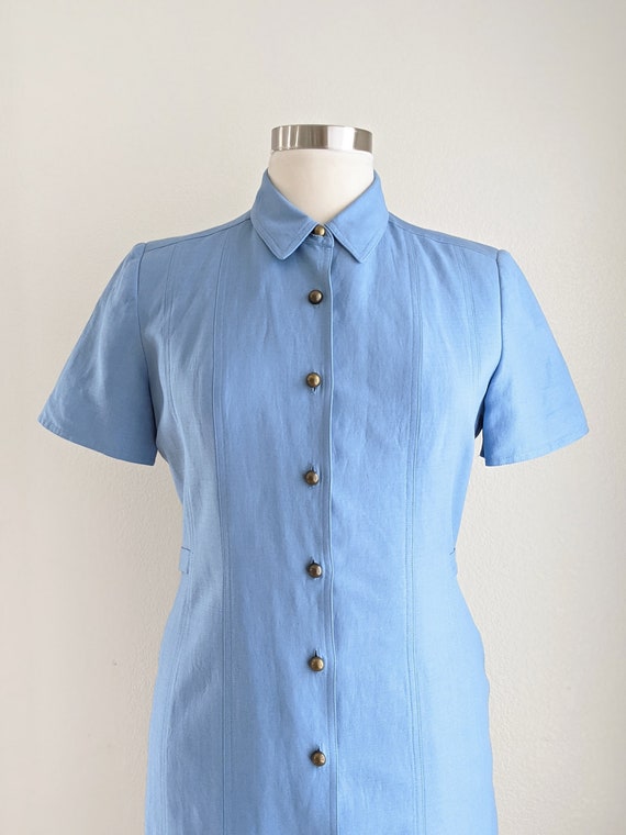 Vintage 90s blue linen button down dress, chambra… - image 3