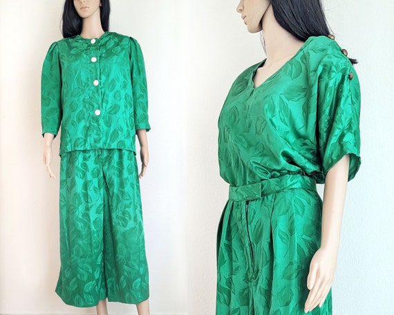 Vintage 80s green jacquard pant set, three piece … - image 1