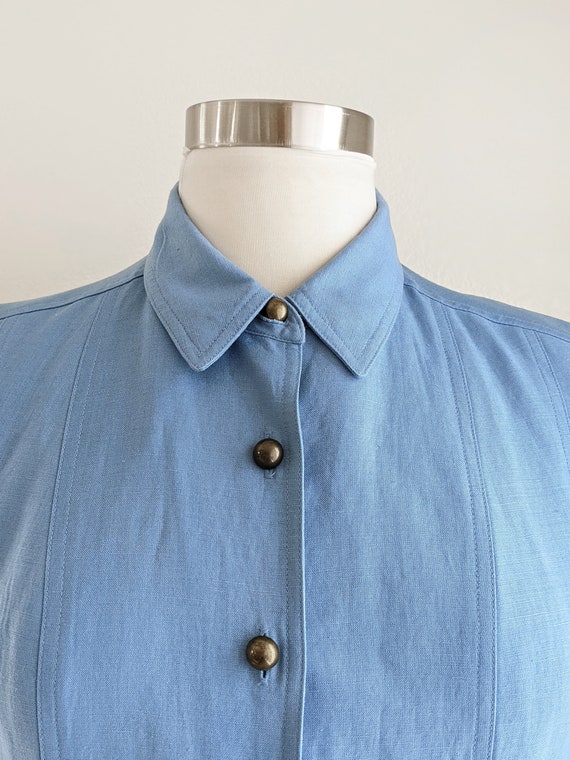 Vintage 90s blue linen button down dress, chambra… - image 2