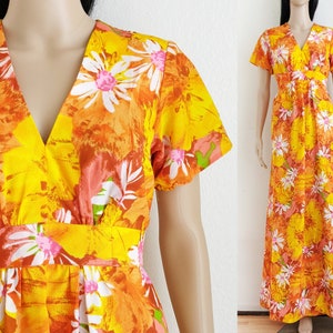 Vintage orange floral maxi dress, 70s empire waist daisy print dress, size M medium