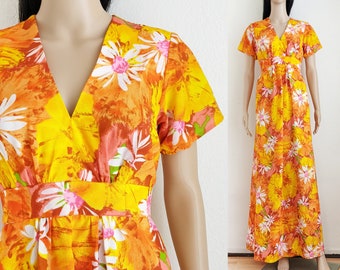 Vintage orange floral maxi dress, 70s empire waist daisy print dress, size M medium