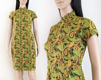 Vintage 60s groovy paisley print qipao dress, lime green floral print cheongsam, size S small