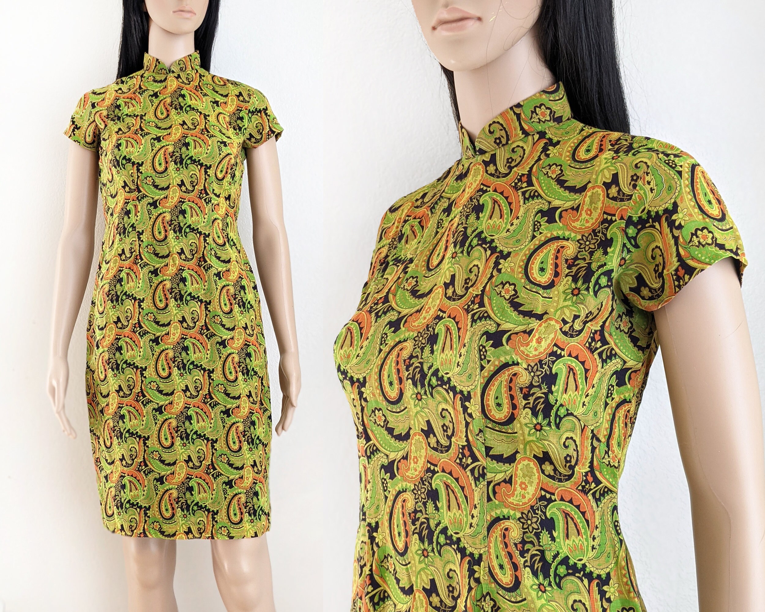Vintage 60s groovy paisley print qipao dress, lime green floral print cheongsam, size S small