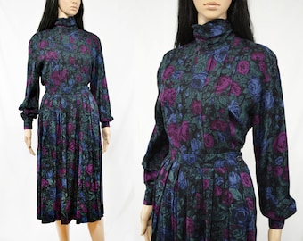 Vintage floral turtleneck and skirt set, two piece 80s 90s grunge floral blouse and pleated midi skirt, JH Collectibles size 8 medium M