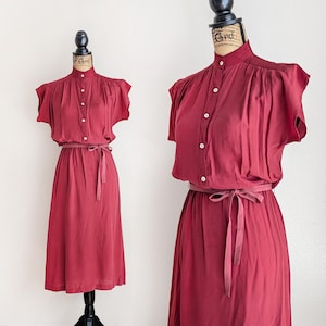 Vintage 80s red silk dress, high collar shirt dress, red belted shirtdress, Carole Little for Saint-Tropez West, size 4 small