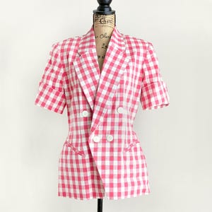 Vintage 90s pink gingham blazer Mixit short sleeved double breasted checked jacket size 6 small S
